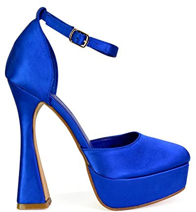 Womens Platform High Heel Shoes Ladies Ankle Strap Square Toe Satin Courts Party Evening Shoes