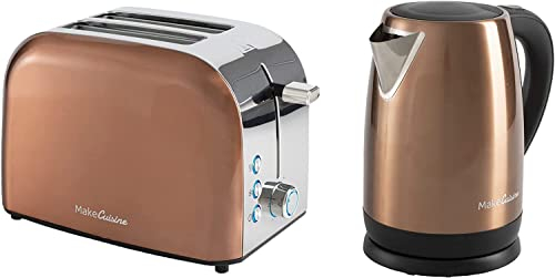 MakeCuisine Confezione vintage/tostapane retrò 2 fessure larghe/cancellare, rallentare, scongelare/900 W + bollitore retrò 1,7 l/arresto automatico/2200 W/Color Copper Tech