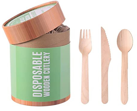 Eco Bargains 450 pcs Disposable Wooden Cutlery Set Eco Friendly Plastic Free Biodegradable Compostable Wedding Party Picnic Cutlery - 150x Wooden Forks, 150x Disposable Spoons, 150x Disposable Knives