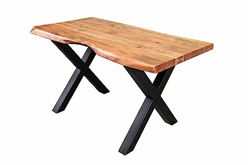 SAM Esstisch 160 x 85 cm Cali, Baumkantentisch naturfarben, Akazienholz massiv, X-Gestell aus Metall Schwarz, aufgedoppelte Kanten 25+25 mm