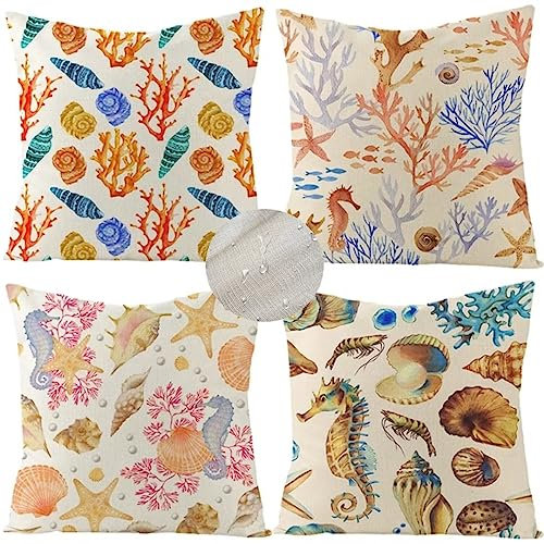 Housse Coussin 75x75cm Coussin Extérieur Corail marin Lot de 4 Housse de Coussin Imperméable Lin Housses de Coussin avec Fermeture Zip Invisible Coussins Canapé pour Jardin Salon Chambre Décor F329
