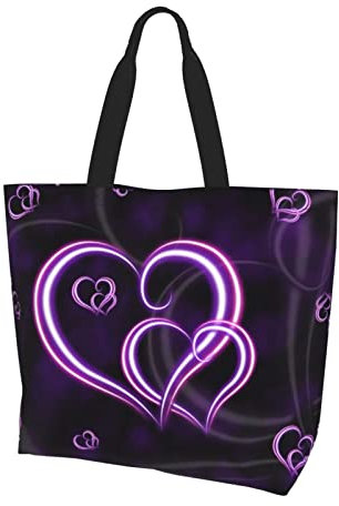 JCAKES Wiederverwendbare Einkaufstasche - Lila Herzen Casual Handtasche für Frauen, große Tragetasche und Schulter Strandtasche, Schwarz , Einheitsgröße