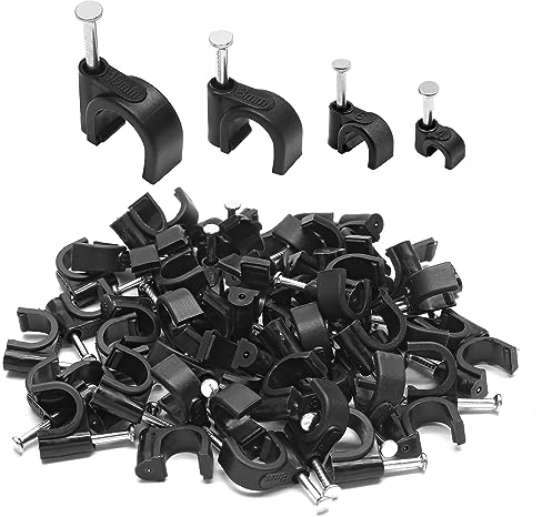 PHITUODA 400pcs Cable Clips, 4mm 6mm 8mm 10mm Half Clamp J-Hook with Nail, Nail in Cable Clips Ethernet Cable Nails Tacks Clips, Black