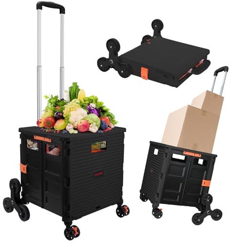 SELORSS Faltbarer Mehrzweckwagen, zusammenklappbarer Rollwagen mit Treppensteigrädern, Rollkorb für Lehrer, mit Deckel, verschleißfest, um 360° drehbares Rad, geräuschlos, für Umzug im Büro, Schwarz