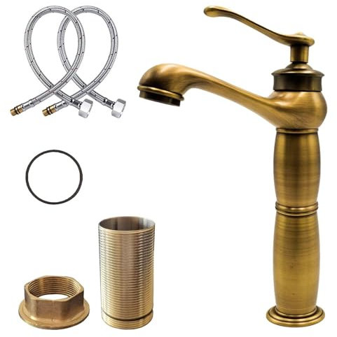 MAKA Rubinetto Lavabo Bagno Vintage in Ottone Spazzolato e Satinato con Miscelatore Monocomando Lavandino Cucina ad Alta Pressione Kit Montaggio Guarnizioni e Tubi (27.5 cm)