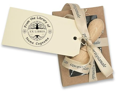 Ex Libris Personalizzabile, Timbro Personalizzato in Legno, Albero della Vita, Idea Regalo e Scatola e Nastro, 6 Grafiche a Scelta, Inchiostro Nero