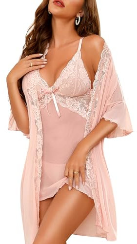 RSLOVE Women's Sexy Lingerie Lace Babydoll with Robe Nightdress Sleepwear Pink S
