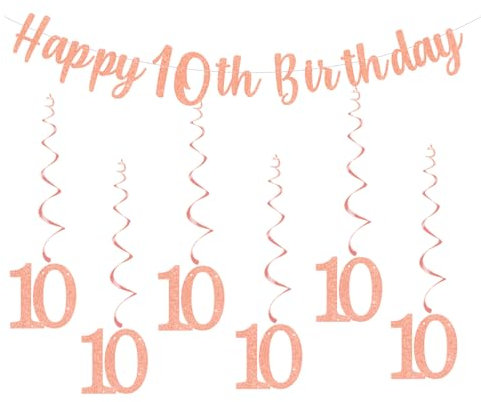 bng-bng 10 Geburtstag Party Dekorationen Mädchen Happy 10th Birthday Wimpelkette Banner Hängende Wirbel Luftschlangen Roségold 15 * 8 cm