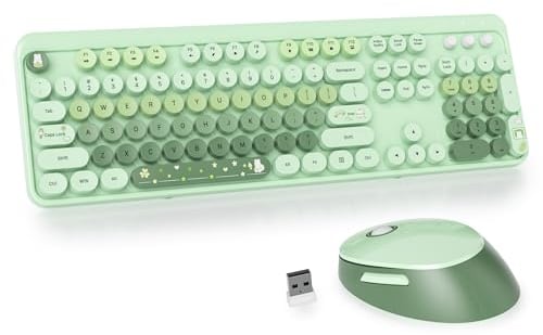 SOLIDEE Wireless Keyboard and Mouse Combo,Retro Typewriter Keyboard,2.4GHz Colorful Round Keycap Computer Keyboard with Number Pad,104 Keys Full Size Ergonomic Keyboard(US Layout QWERTY)(Mixed Green)