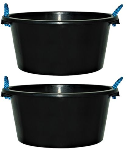 [𝐒𝐄𝐓 𝐎𝐅 𝟐] - 70L Rope Handle Black Bucket Heavy Duty Plasterers Tub Mixing Cement Water Storage Muck Bucket (𝐌𝐚𝐝𝐞 𝐢𝐧 𝐔𝐊) (70L)