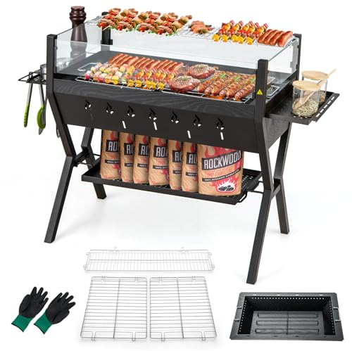 COSTWAY Holzkohlegrill mit Windschutz, Würzregalen & Ablage, Campinggrill, Grillfläche aus Edelstahl, BBQ-Grill mit Handschuhen zum Kochen, Camping, Picknick