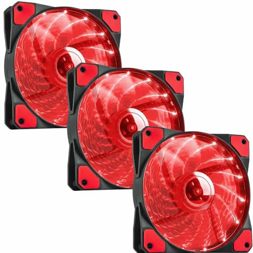 JUSTOP 3 pcs Pack 120MM Red LED PC Case Fans, Low Noise High Airflow Cooling Fan, With 3-Pin Or 4-Pin Molex Connectors (Red LED)