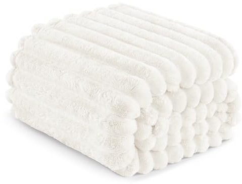 Exclusivo Mezcla Couverture Polaire, Plaid Canapé en Rayé, Couverture de Lit Super Douce en Jacquard, Léger et Moelleux pour Toutes Les Saisons, 230x270CM, Ivoire
