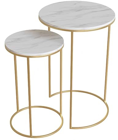 Drsyffsup Ensemble de 2 Tables gigognes Effet marbre avec Cadre en métal doré, Table Basse de Salon, Tables d'appoint de canapé empilables, Tables de Console Rondes, décoration d'intérieur
