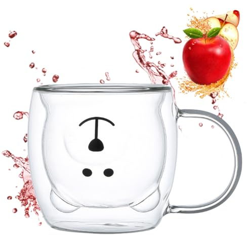 JUCHRZEY Tazas de Café de Cristal Taza de café con aislamiento de oso con asa Vasos de Doble Pared Transparente Tazas de Vidrio Borosilicato para Té,Café