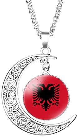 GONMFKM Modische Halskette Mit Albanien-Flagge-Anhänger – Glas-Cabochon-Mond-Anhänger-Kette, Halsband Für Damen, Herren, Mädchen, Karte, Pullover, Kette, Hip-Hop-Schmuck, Geschenk-Accessoires, Weiß,
