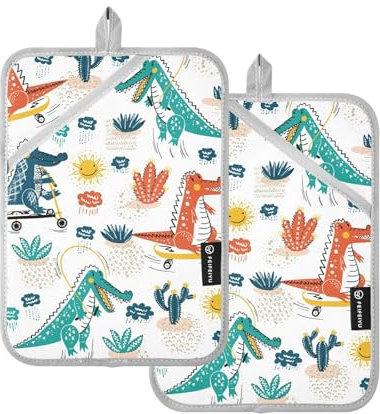 Topflappen für den Ofen, hitzebeständig, Cartoon, wild, niedlich, Krokodil, Westernkaktus, Pflanze, Topflappen mit Taschen, Hotpads zum Kochen, Ofenhandschuhe, 2 Stück