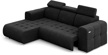 MEBLINI Elektrische Schlafcouch - Ecksofa mit Schlaffunktion - Sofa mit Relaxfunktion und Kopfstützen - Couch L-Form - Eckcouch - Wohnlandschaft - Madeline - 286x200x93cm Links - Schwarz Samt