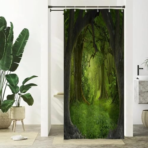 Xiaoterna Frühling Duschvorhang Zauberwald Duschvorhang Mysteriöse Naturlandschaft Badvorhang Fantasie Dschungel Baum Grün Pflanze Duschvorhang Maschinenwaschbar Wasserdichter Stoff 90x180cm