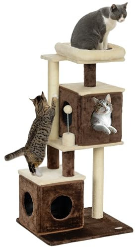 PawHut Albero Tiragraffi per Gatti, Liberamente Assemblato, 107 cm Torre Tiragraffi per Gatti con 2 Casette, Lettino, Piattaforme di Salto e Pallina da Gioco, in Legno, Peluche e Sisal, Multicolore