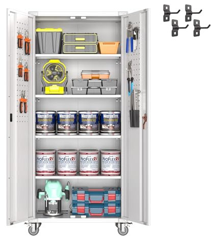 Metallschrank mit Rollen und Stecktafel, abschließbarer Rollschrank aus Stahl – 183 cm hoch, 4 verstellbare Regalböden, Tür für Garage, Büro, Küche – Montage erforderlich – Weiß