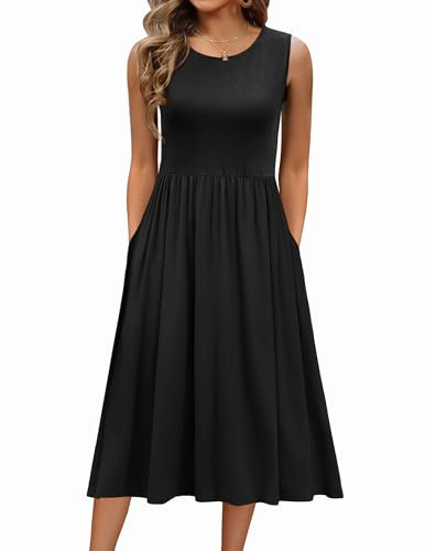 Zeagoo Women's Summer Dress Sleeveless Elegant A Line Tank Dress Casual Crew Neck Dresses Midi Swing with Pockets Schwarz M