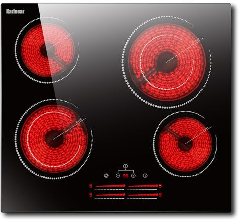 Karinear Ceramic Hob 4 Zone Electric Hob 60cm Slide Contorl with Oval Barbecue Zone 6600W Hard Wired Touch Control with Child Lock