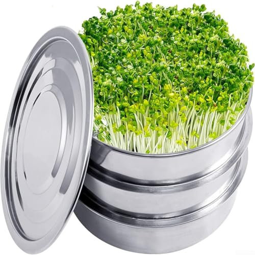 Juego de bandejas de germinación de 3 niveles hechas de acero inoxidable para jardinería, cultivador de brotes redondos, invernadero de microverdes, bandeja de germinación de acero inoxidable