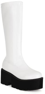 DSKHDZW Donna Piattaforma al Ginocchio Alto Combattimento Stivali Stretch Lunghi Stivali PU Pelle Tacco Grosso Stivali Biker,Bianca,41 EU