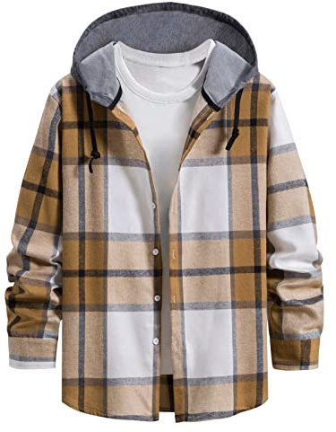 Fccrian Chemise décontractée à carreaux pour homme avec col à capuche et manches longues