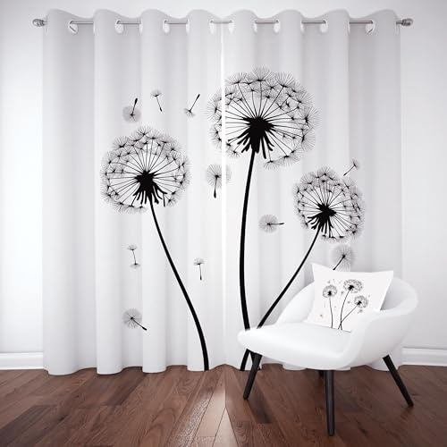 Schwarz Weiß Thermovorhang 225x140 cm, Löwenzahn Blumen Muster Gardinen | 2er Set mit Ösen, Pflanzen Pusteblume Verdunklungsvorhänge Schlafzimmer Blickdicht Curtains Wohnzimmer