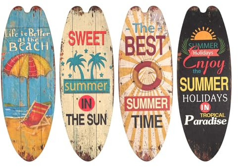 4 Stück Surfbrett Deko, 45 cm Holz Surfbrett Kunst für Wand Deko Terrassen Outdoor, Sommer Wanddeko für Bar, Pool, Mediterrane, Beach Party Maritim Dekorationen