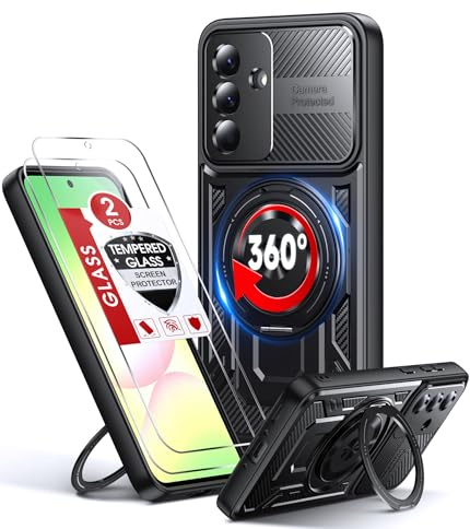 LeYi Handyhülle für Samsung Galaxy A56 5G / Samsung A36 5G Hülle mit 2*Schutzfolie, TPU Militärqualität Kameraschutz Schutzhülle, 360° Drehbar Metall Ring Stoßfest Case Cover Schwarz