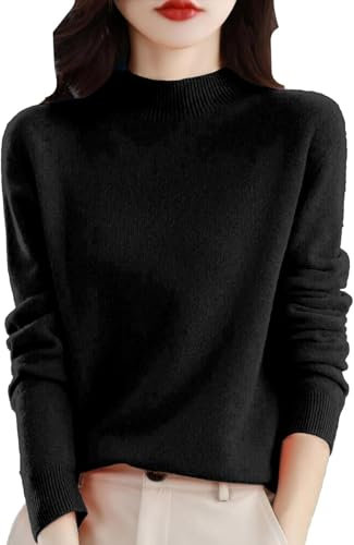 100% Merino Wool Seamless Sweater for Women – Mock Neck Long Sleeve Pullover, Lightweight Ultra-Soft Knitted Jumper, Fall Winter Warm Slim Fit Wool Top (Black,S)