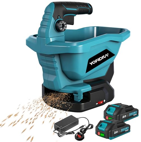 Yofidra Cordless Seed Spreader, 3.3L Grass Seed Spreader, 6 Speed Settings | 8 Spread Levels, Scatter Width Max 5m, Covers 800m² per Fill, 2 × 2.0Ah Baterries, for Fertiliser, Grass Seed, Salt, Grit