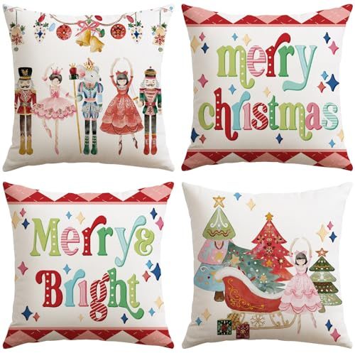 JOTOM Christmas Cushion Covers 50x50 cm Set of 4 Nutcracker Xmas Trees Decorative Throw Pillow Covers Merry Christmas Cushion Cases Winter Holiday Decoration for Home Couch Decor (Nutcracker Red)