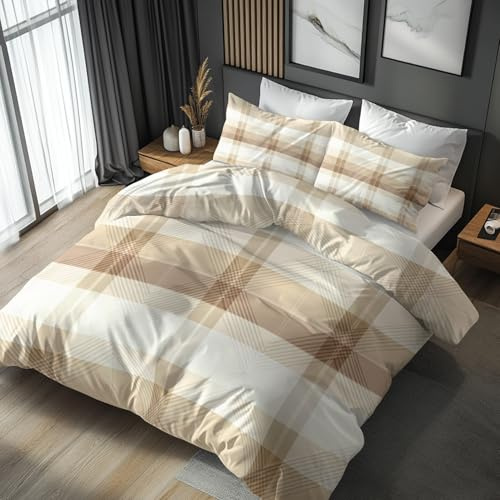 Generisch Bettwäsche 200x200 Beige Kariert Wende Motiv 3tlg, Schlafzimmer Deko, Modern Karomuster Karo Bettbezug und 2 Kissenbezüge 80x80, Weiche Mikrofaser Deckenbezug mit Reißverschluss -a241