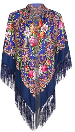 Nlaayong Traditioneller Schal für Damen, mit Quaste, Fransen, Halstuch, Kopfschal, Retro-Schal, Blumenmuster, Poncho-Druck