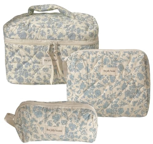 LIUYIDM 3 Stück Kosmetiktasche Kulturtasche Damen Blaues Blumenmuster | Makeup Bag Baumwolle Kulturtasche Damen Kosmetiktasche Damen Blumenmuster Kulturtasche Set für Alltagsgebrauch Reisen