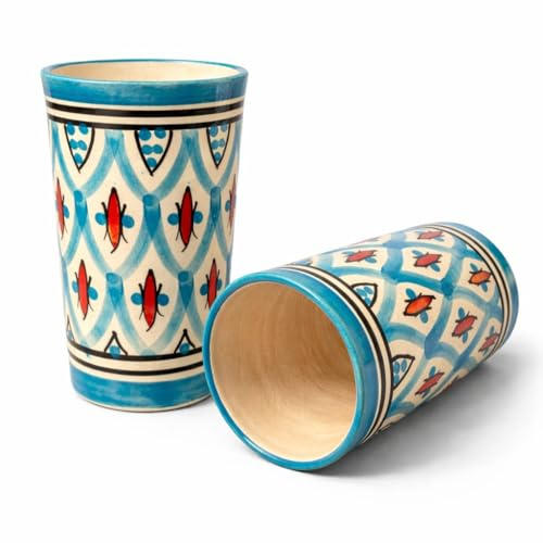 Set 2 Bicchieri in Ceramica Marocchina Dipinti a Mano Artigianali Orientali per Tè alla Menta e Caffè - Decorazione Casa Etnica Stile Berbero h.11cm Ø7cm - Design Geometrico Tradizionale 1812251201