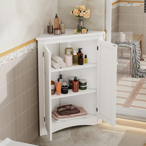 A ALFRESCOOL 61,5 x 90 cm Eckschrank, Badezimmerschrank, Badschrank, Freistehender 2-türiger Dreiecks-Schrank mit 3 Ebenen, Hochwertige MDF-Platte mit Lackierter Oberfläche für Bad, Küche(Weiß)