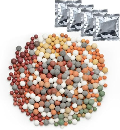 OFFO Anti Calcaire pour Douche, 4 Paquets de Billes Minérales pour Filtre de Pommeau de Douche, 20 Types de Billes Filtrantes, Filtre Pommeau de Douche, Purifie l'Eau, Équilibre le pH pour Douchette
