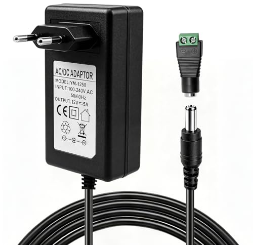 zstg Bloc d’Alimentation 12V 5A Universelle avec Connecteur DC 5.5 x 2.1mm | Adaptateur Secteur AC 100‑240V vers DC 12V, 60W Chargeur pour Bande LED, Caméra CCTV, Routeur, Haut‑parleurs, Boîtiers TV