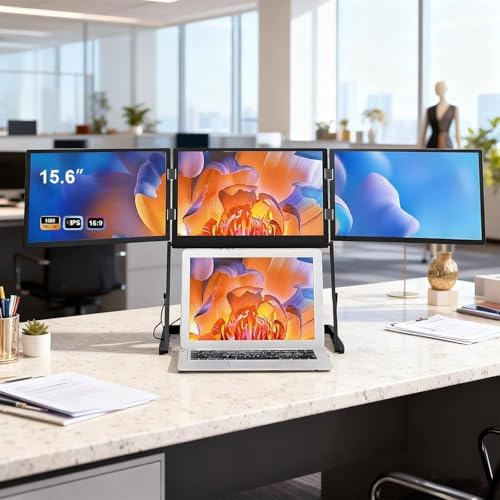 15.6”Laptop Tri-Fold Monitor, 1080p Fhd Portable Laptop Screen Extender, 360° Rotation Acjustable Viewing Angles, Compatible with Windows and Macos Fits 13–17 Laptops