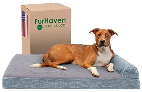 FurHaven Hundebett aus Memory-Schaum für große Hunde mit Abnehmbarer Nackenrolle und waschbarem Bezug, für Hunde bis zu 43 kg, gestepptes Fleece und Wildlederdruck, Titanium, Jumbo/XL