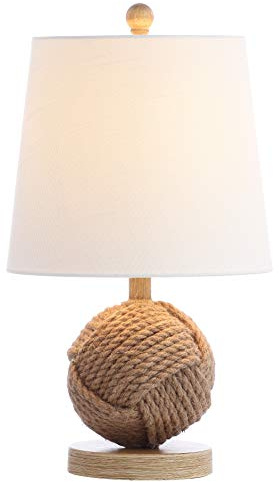 JONATHAN Y 18 Natural Monkey Fist Rope Ball LED Table Lamp, Coastal Nautical Iron and Rope Accent Lamp for Living Room Bedroom, White Linen Shade, LED Bulb Included JYL6500A