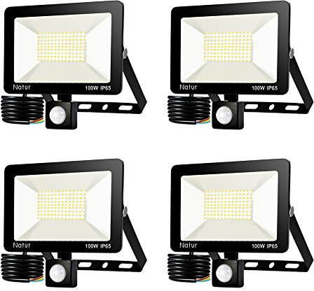 bapro 4 * 100W Projecteur LED détecteur de mouvement, Blanc Chaud(3000K) spot led exterieur avec detecteur IP65 lampe de sécurité idéal pour éclairage public, garage, couloir, jardin