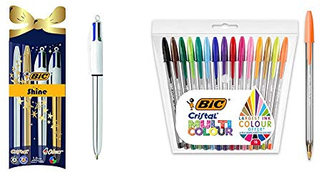 BIC Cristal Xmas Shine 4 Shine bolígrafos Navidad bolígrafos de punta media + Cristal Multicolour - Pack de 15 unidades, bolígrafos de punta ancha (1,6 mm)