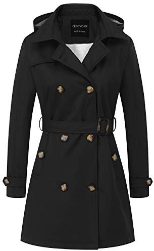 CREATMO US Damen-Trenchcoat, zweireihig, klassischer Revers, Übermantel, Gürtel, schmale Oberbekleidung, Mantel mit abnehmbarer Kapuze, Schwarz, M