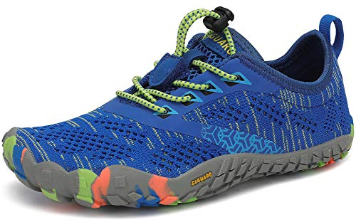 SAGUARO Kinder Barfußschuhe Traillaufschuhe Jungen Mädchen Trainingsschuhe Zehenschuhe Atmungsaktiv rutschfest Walkingschuhe Laufschuhe Schnell Trocknend Badeschuhe, Blau 36 EU